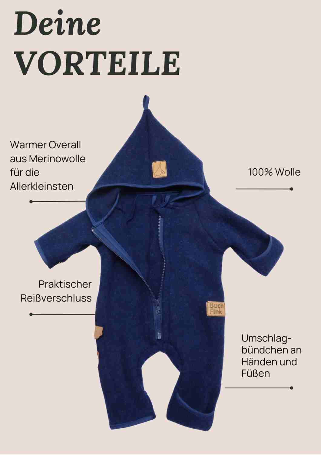 Wollfleeceoverall für Babys "Schneeball" aus 100% Merinowolle, jeansblau