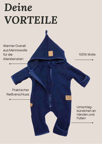 Wollfleeceoverall für Babys "Schneeball" aus 100% Merinowolle, jeansblau