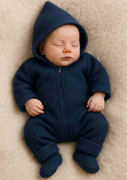 Wollfleeceoverall für Babys "Schneeball" aus 100% Merinowolle, jeansblau