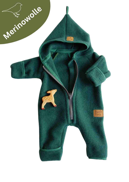 Wollfleeceoverall für Babys "Schneeball" aus 100% Merinowolle, tannengrün
