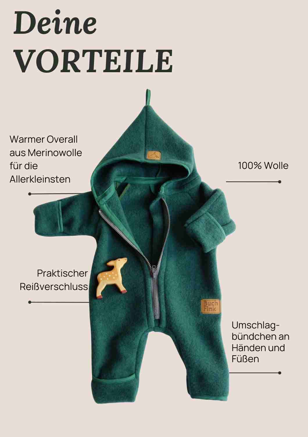 Wollfleeceoverall für Babys "Schneeball" aus 100% Merinowolle, tannengrün