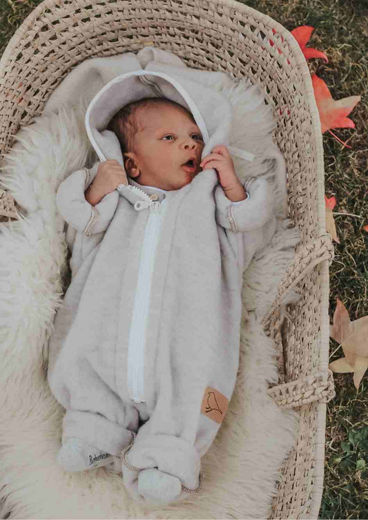 Wollfleeceoverall für Babys "Schneeball" aus 100% Merinowolle, perlgrau