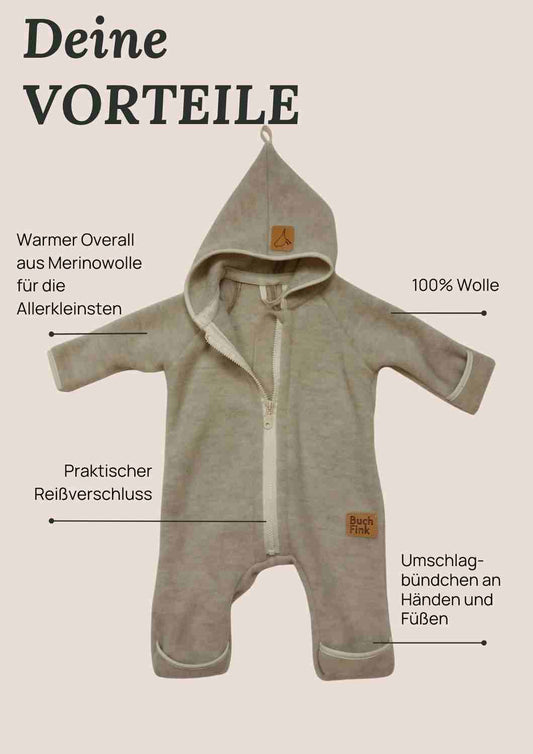 Wollfleeceoverall für Babys "Schneeball" aus 100% Merinowolle, zimt